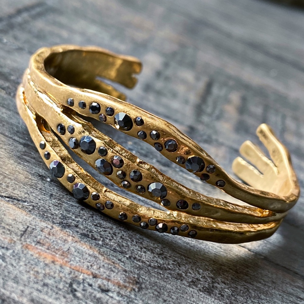 NEW Brushed Gold & Gunmetal Black Crystal Cuff Bracelet